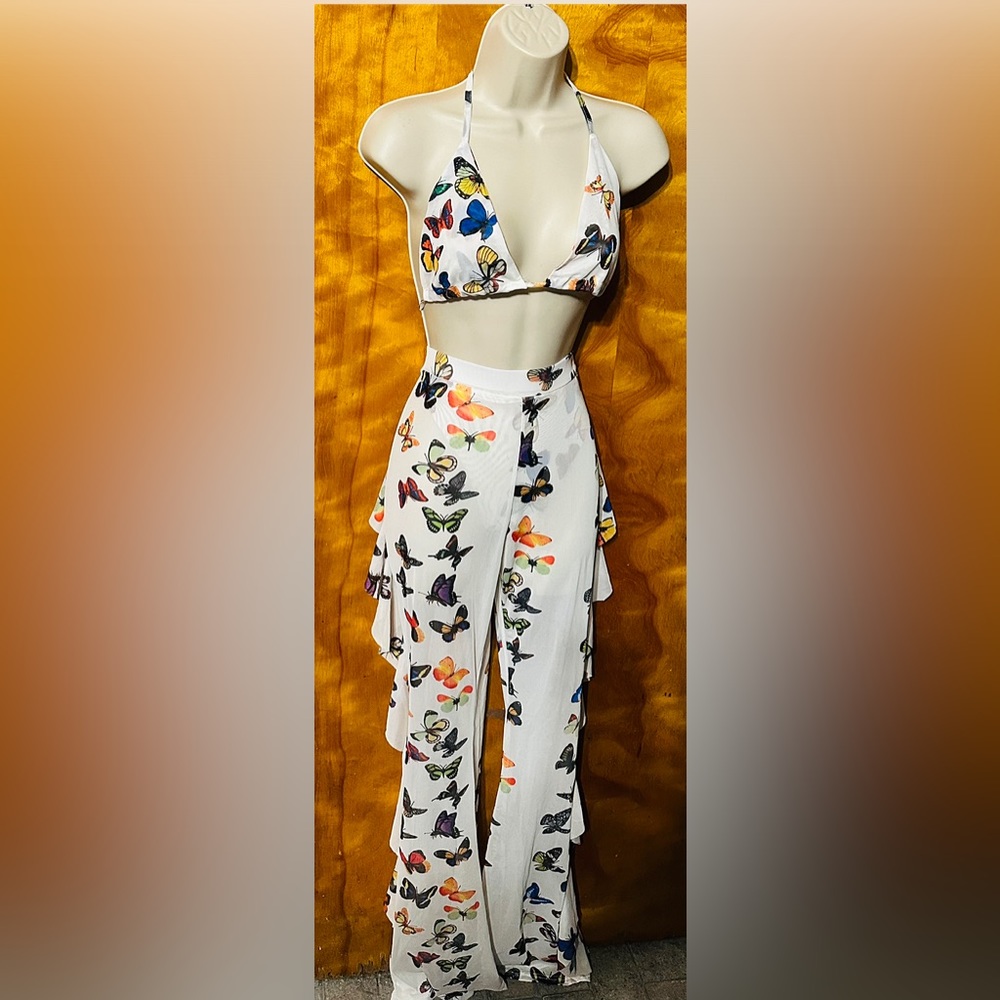 Butterfly Print Swim wear set of 2 Size large new White